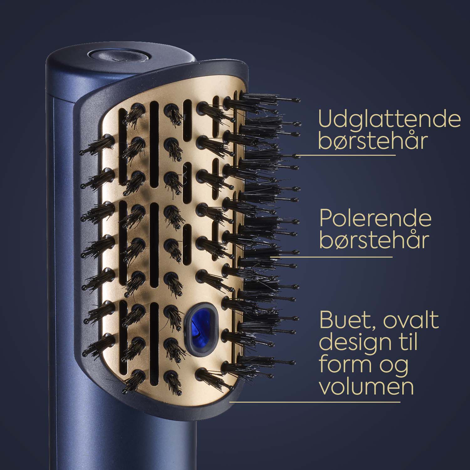 Udglattende b&oslash;rsteh&aring;r . Polerende b&oslash;rsteh&aring;r . Buet, ovalt design til form og volumen